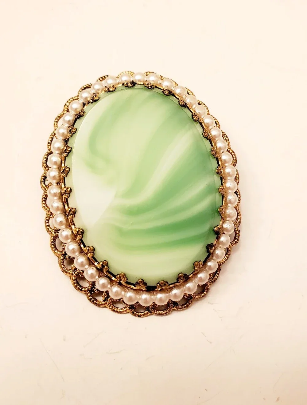 WEST GERMANY Green Glass Swirl Brooch with Pearl Detail, Lovely Color